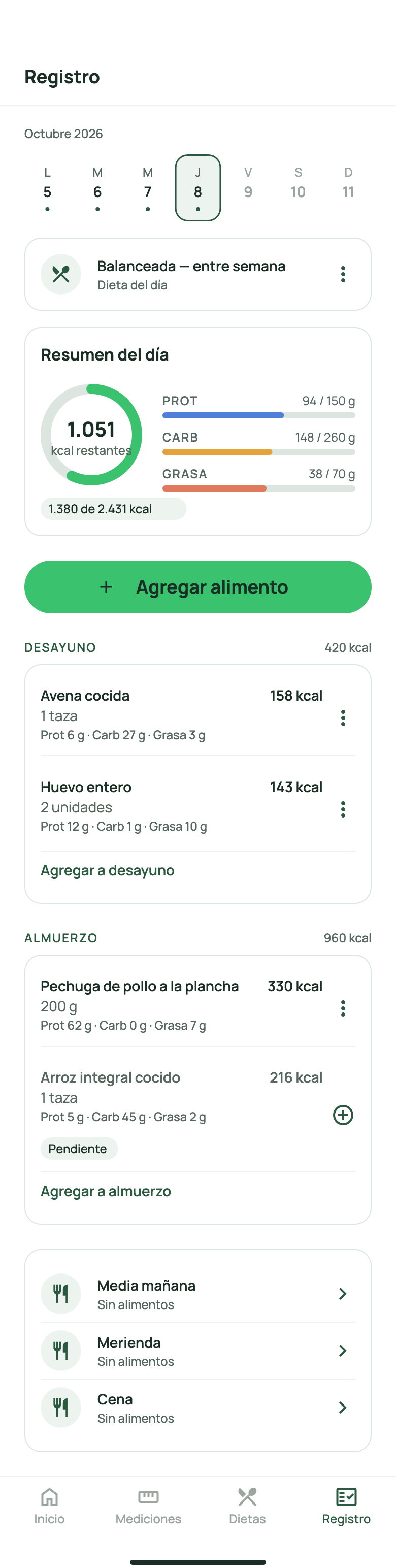 Pantalla de registro de comidas