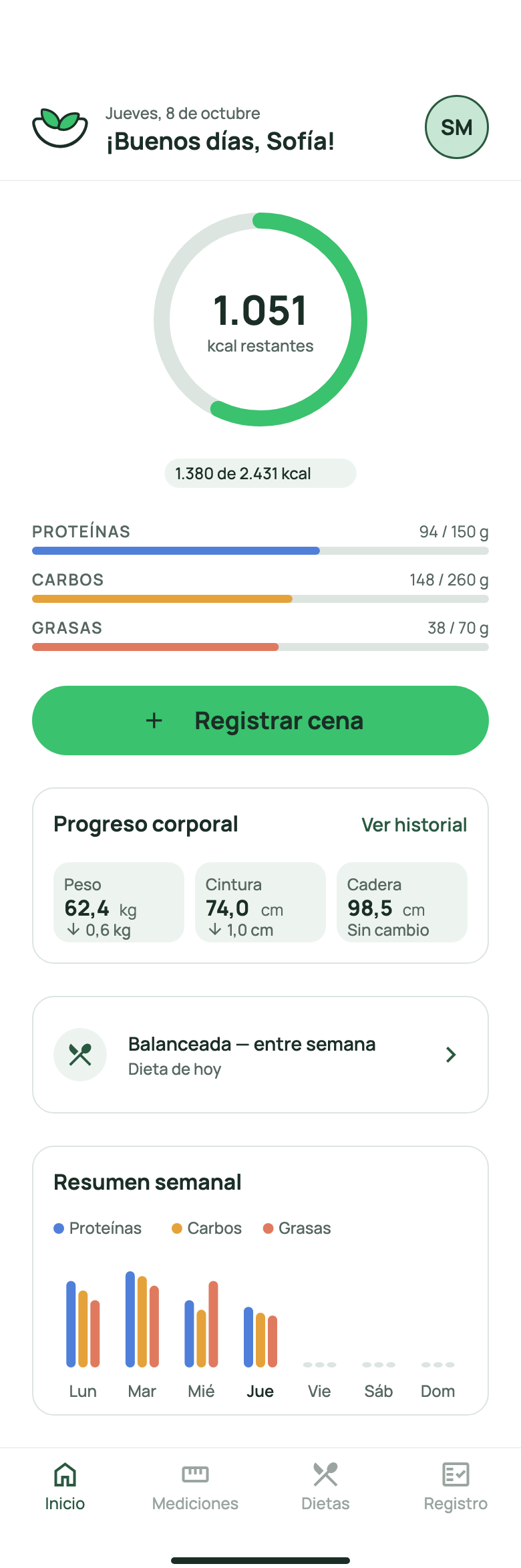 Pantalla de inicio de Savela con las calorías y macros del día